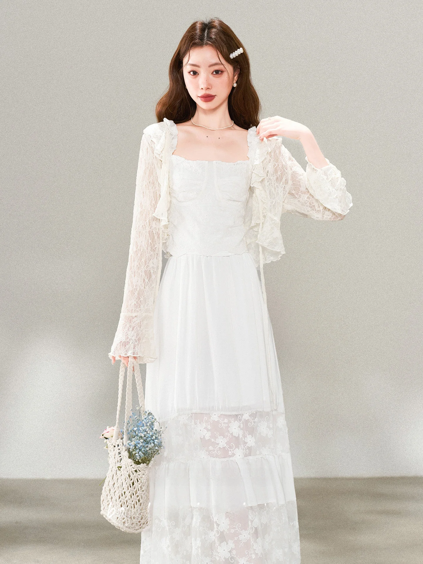 

Unique White Open Cardigan Strap Dress Set for Women Spring Fashion High Waist Pure Color Three Piece Set Long Sleeve