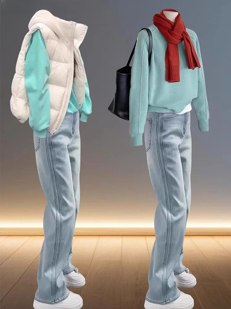 American Sle Fce doublé Thi Denim Jeans femmes automne hiver nouveau minceur couleur claire grande taille gros MM longueur de plancher S...