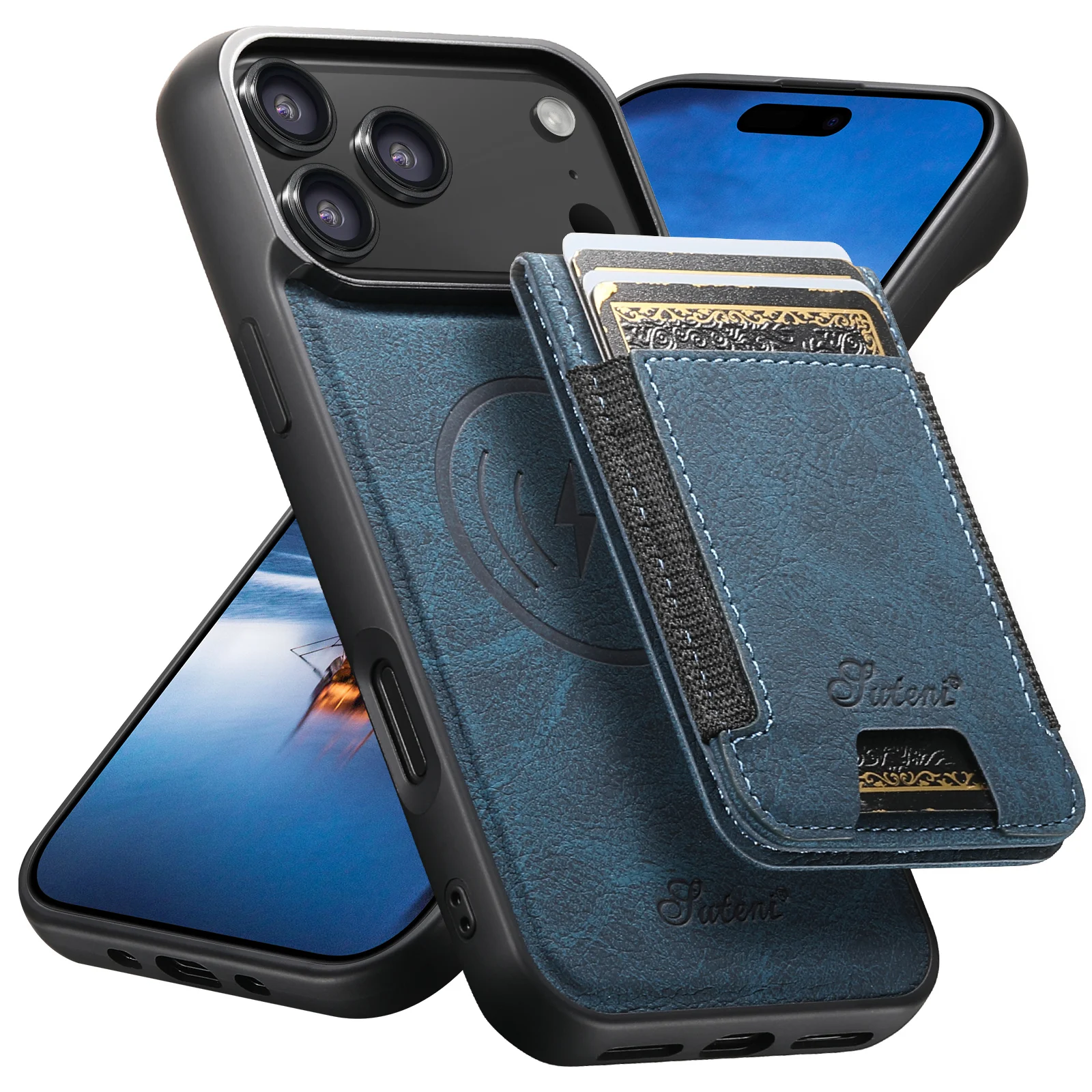 SUTENI Kunstleder-Handyhülle mit kabelloser Ladefunktion, Magnet, elastischem Band, Kartenhalter und Ständer für iPhone 18 Pro Max 17 16 Plus 15 14 13