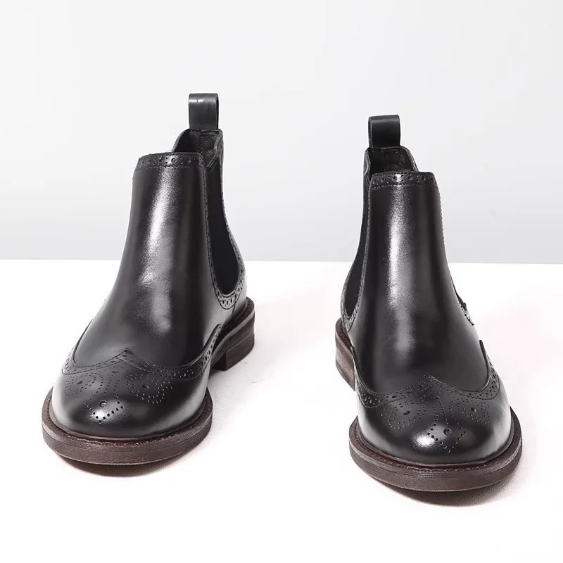 yetties Trendy Men's Chunky Chelsea Boots, Fleece Lined High Top Leather Boots for Winter Retro All-Genuine Cowhide Ankle Boots