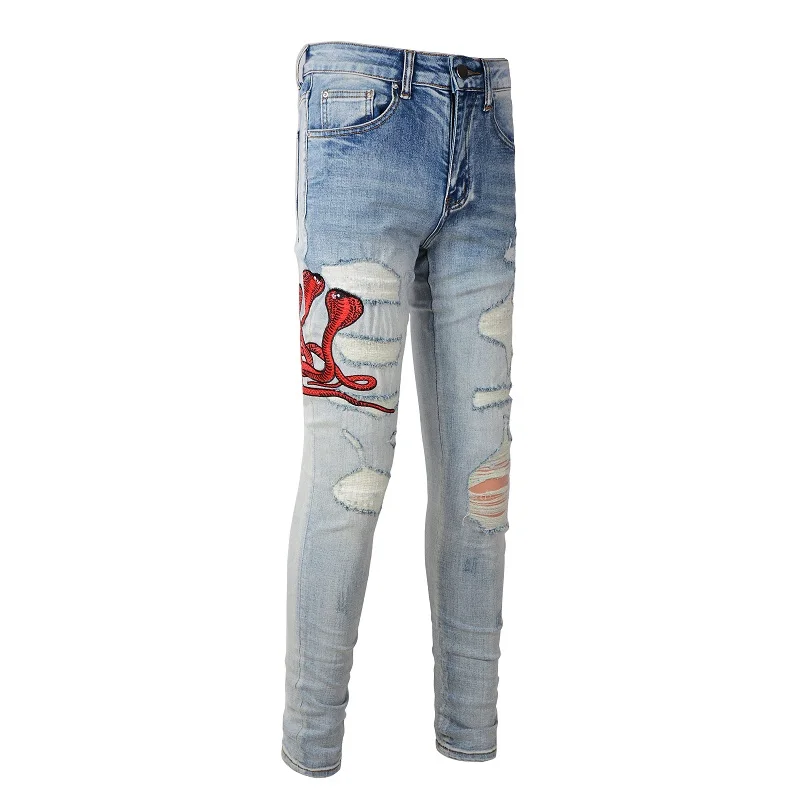 NEw Men's EU Drip Embroidered Red Snake Patchwork High Street Distressed Slim Fit Stretch Holes Patches Ripped Washed Blue Jeans