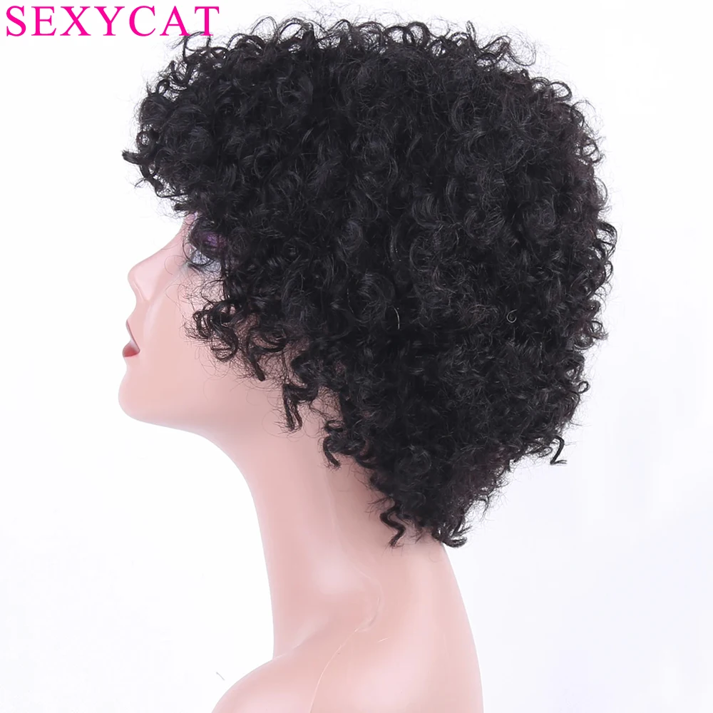 Sexycat Curly Pixie Cut Pruiken Menselijk Haar 6 Inch Kort Krullend Niets Kant Pruiken Menselijk Haar Zwart Vrouwen Natuurlijke Kleur