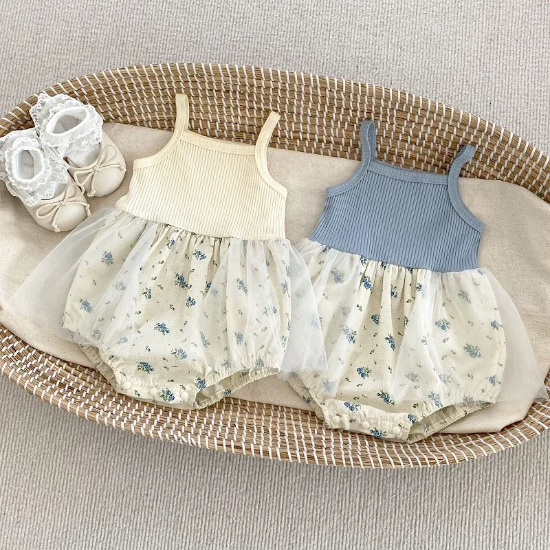 Cute Baby Girl Clothes Korea Style Newborn Princess Sleeveless Mesh Flower Dress Romper+Cotton Cardigan Crop Top 2PCS Summer Set