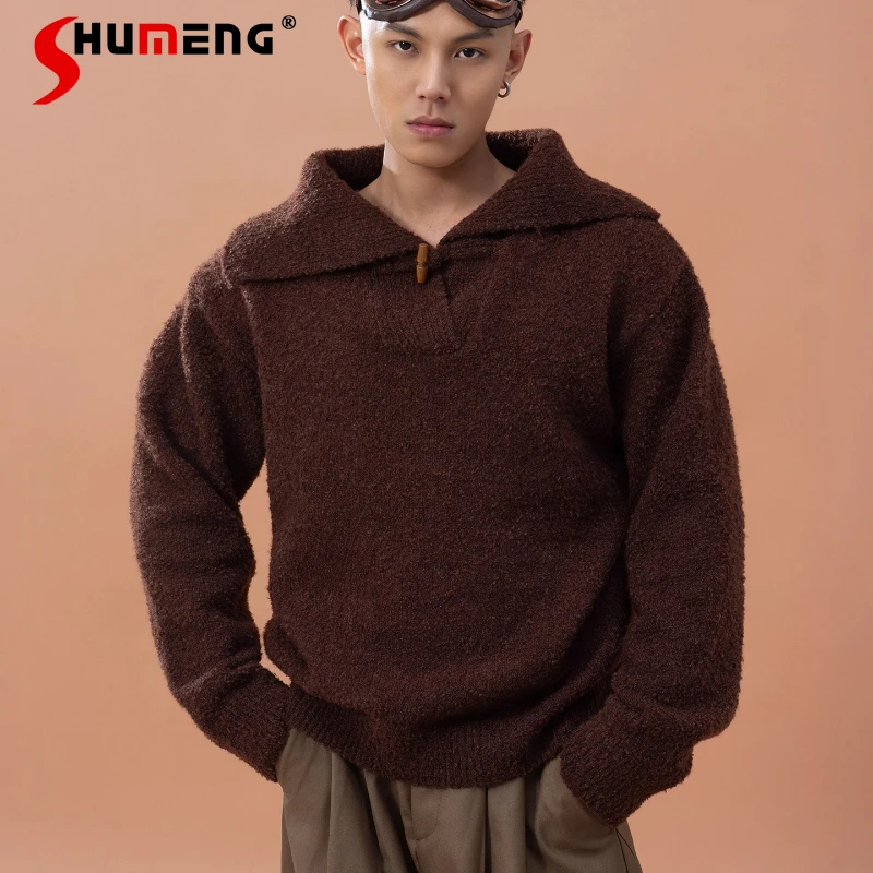 

Trendy Stand Collar Retro Knitted Sweaters Men 2025 Autumn New Long Sleeve Loose Comfort Knitwears Male Simple Chic Knitted Tops