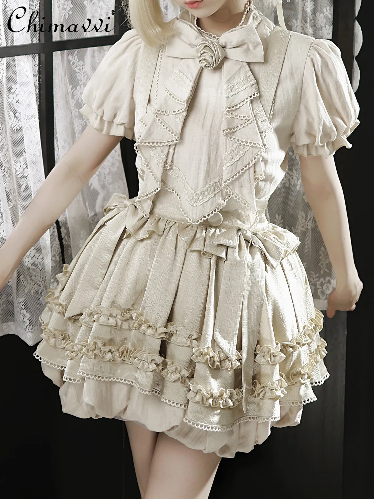 

Original Vintage Pastoral Elegant Lolita Sets Sweet 3D Flower Bubble Sleeve Shirt Short Strap Fluffy Skirts Women Outfits