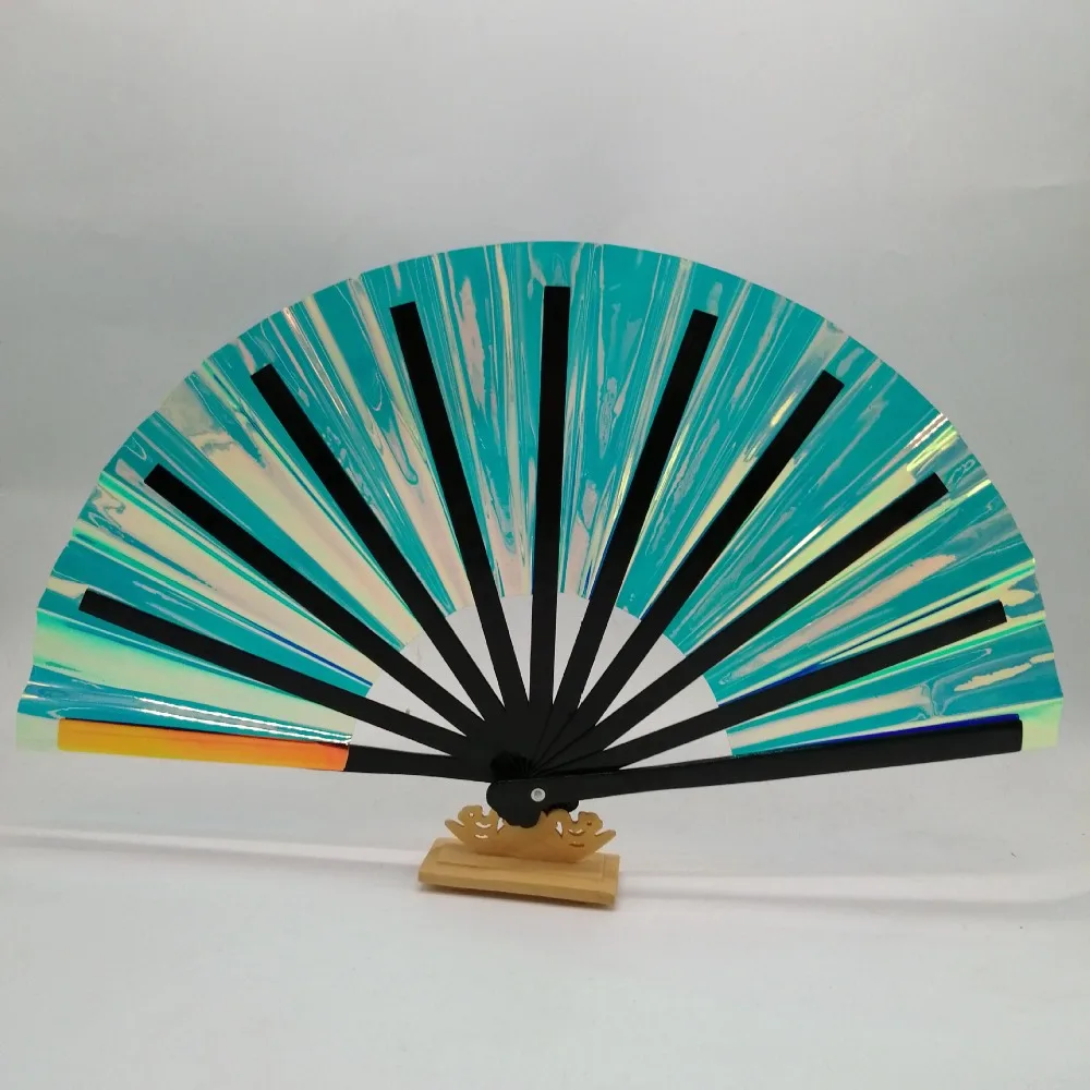 Gradient Colorful Laser Colors Hand Fan Kung Fu Fans Bamboo Handle PVC Folding Hand Large Size Dancing Fan Disco