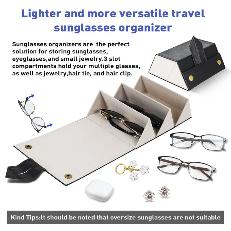 Portable Travel Sunglasses Storage Box 3 Slots Foldable Travel Sunglass Case Multiple Pairs Eyeglasses Holder Glasses Organizer