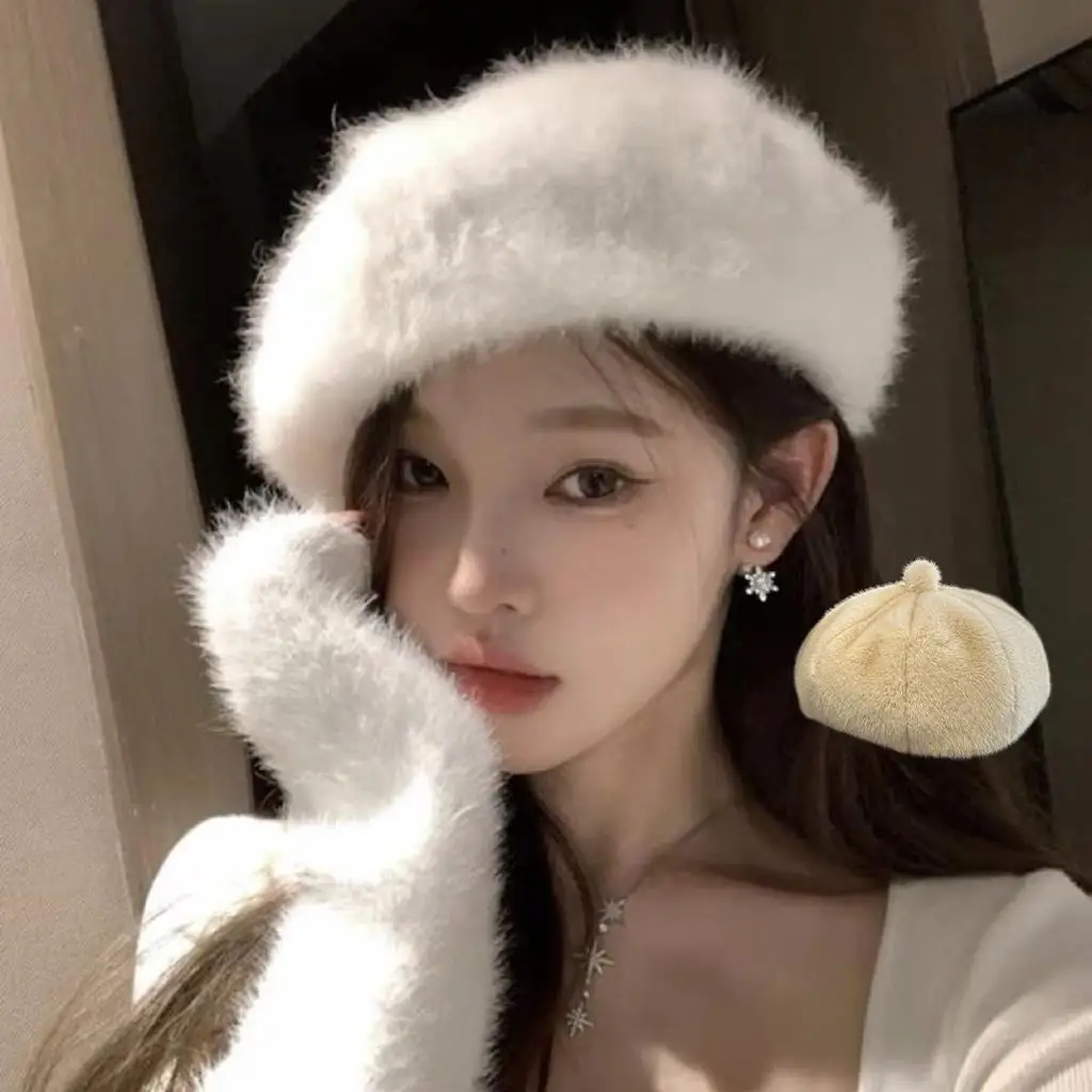 Inverno quente imitação de pele de vison boinas macio fofo engrossado presentes de natal boné octogonal esqui caminhadas à prova de frio newsboy bonés