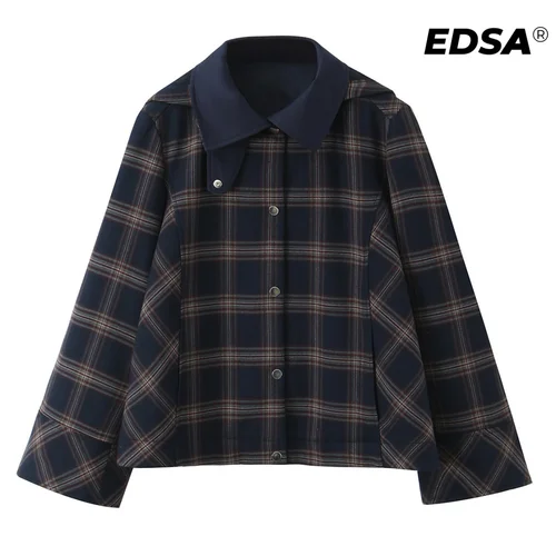 Imagen 2 del producto Chaqueta con capucha a cuadros para mujer EDSA, manga larga, cuello alto, abrigo de primavera y otoño, ropa de abrigo