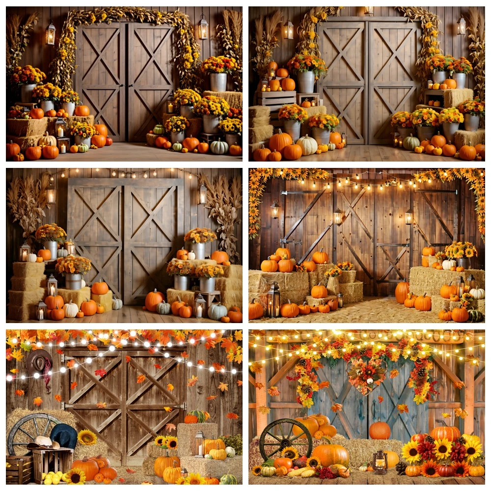 

Autumn Farm Barn Wooden Door Backdrop Fall Maple Leaf Pumpkin Harvest Haystack Thanksgiving Baby Portrait Photography Background