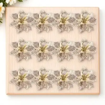 

Kisangel 12pcs Christmas Tree Picks Artificial Poinsettia Glitter Flowers with Stems Clips Xmas Wedding Party Ornaments Gold