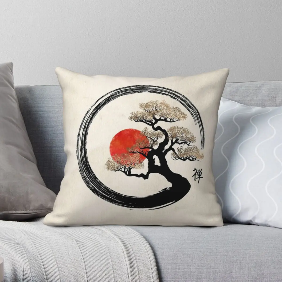 Ensō Circle Bonsai Tree Square Pillowcase Polyester Linen Velvet Creative Zip Decorative Pillow Case Room Cushion Cover