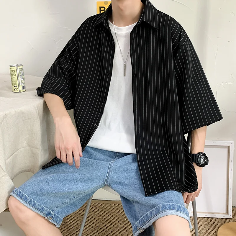 

Summer Thin Handsome Shirt Men's Short Sleeve Casual Loose Korean Version Trendy Stripe Shirt Youth Style No Ironing Requ...