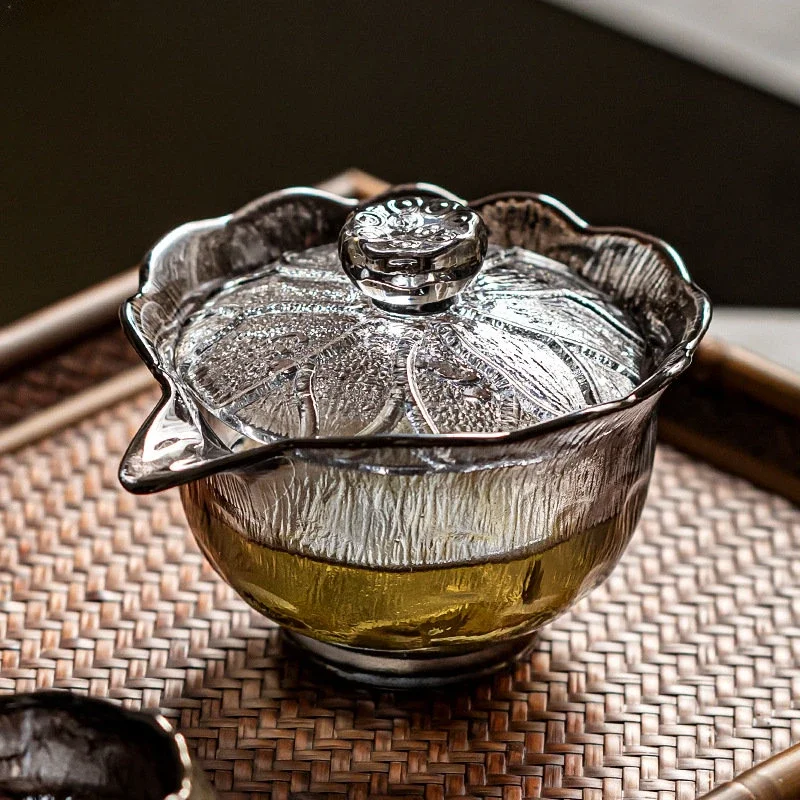 

Smoky Gray Heat-resistant Glass Lotus Cap Gaiwan Er Cai Tea Tureen Kungfu Tea Set Small Fresh Household Simple Hand Holding Pot