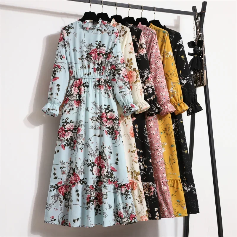 Lente Zomer Vrouwen Maxi Jurken Vestioes Chiffon Jurken Full Mouw Vintage Print Bloemenrits Casual Lange Jurk