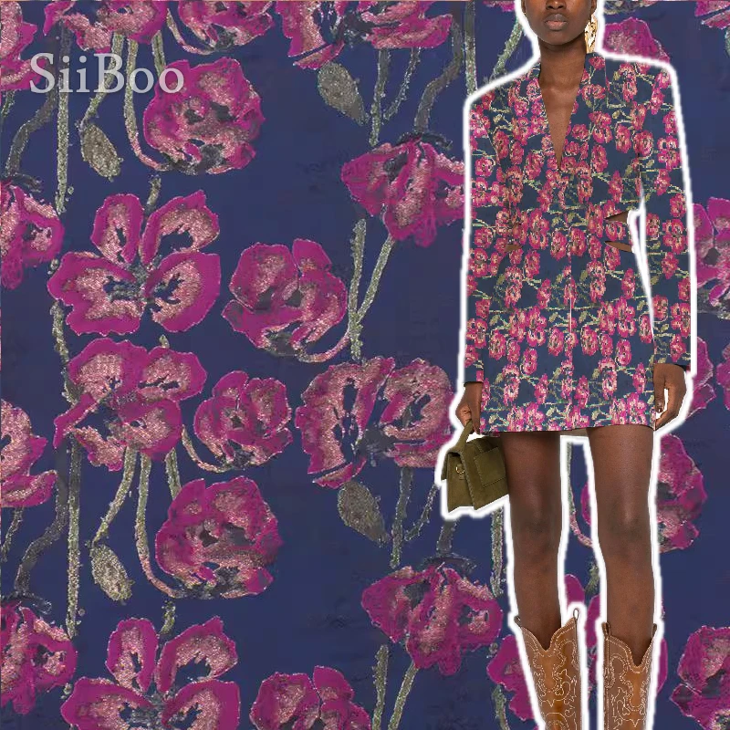 

Siiboo cotton blend jacquard fabric high-end Italy luxurious style for dress event wear dark blue with fushia flora sp6673