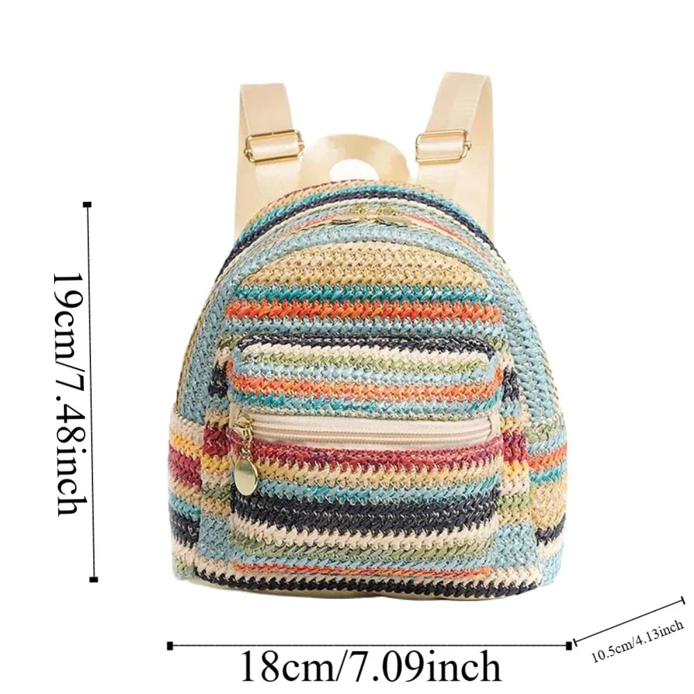 Portable Woven Small Backpack Lightweight Large Capacity Straw Weaving Backpack Polyester Multicolor Stripes Mini School Bag