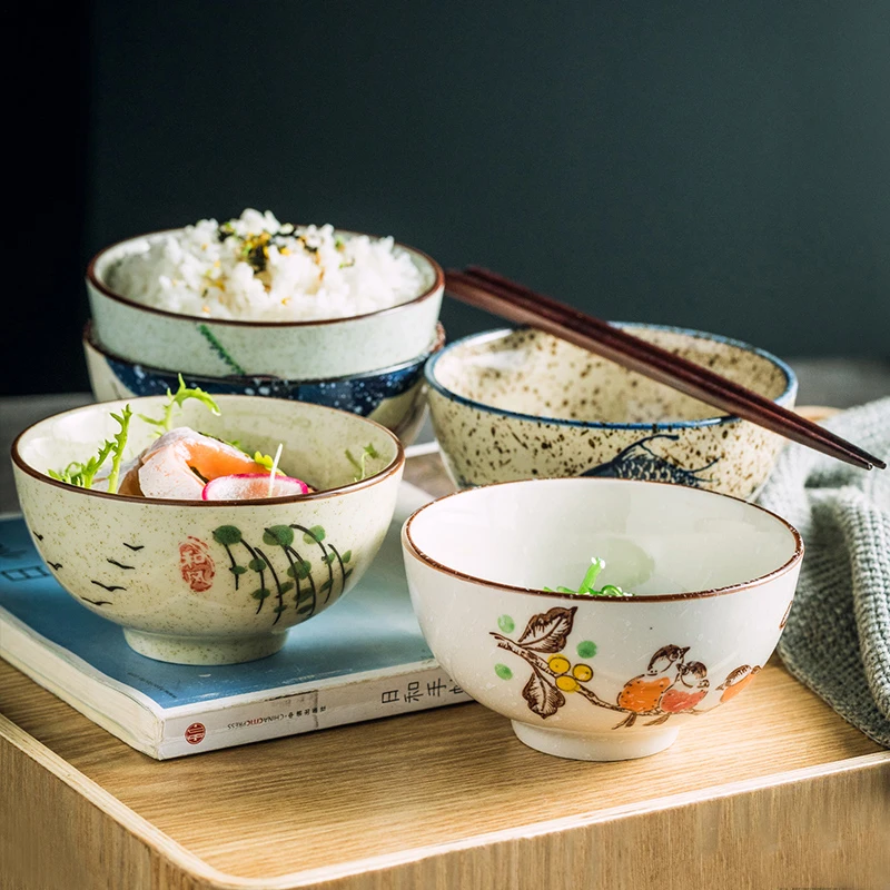 4pcs Ceramic Rice Bowl Set Cereal Soup Dessert Snack Bowl Kitchen Salad Serving Bowl Tableware Microwave Safe Japanese Style 5