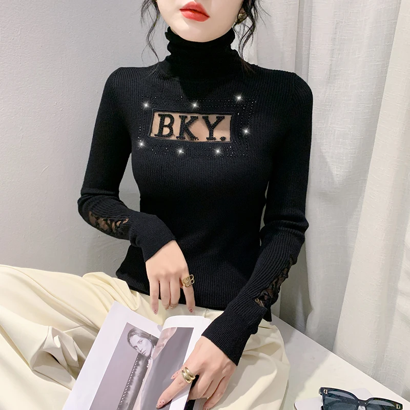 MadBlack European Clothes Sweater Women Turtleneck Hot Drill Slim Knitwear Long Sleeve Pullover Autumn Winter New 2023 T39973JC