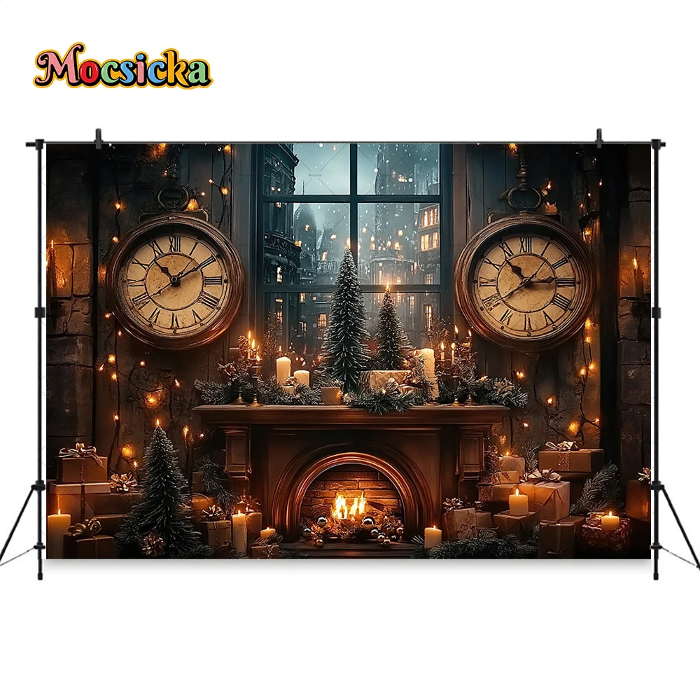 Christmas Eve Background Photography Santa Claus Workshop Fireplace Clock Candles Xmas Tree Backdrop Decor Winter Kids Photo