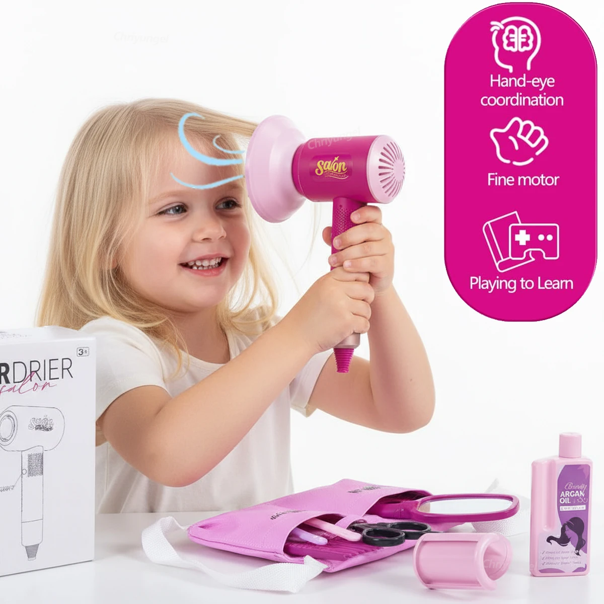 Chriyungel conjunto de salão de beleza infantil com secador de cabelo, dramatização, brinquedo de maquiagem de beleza, ferramenta de estilo, presentes para meninas