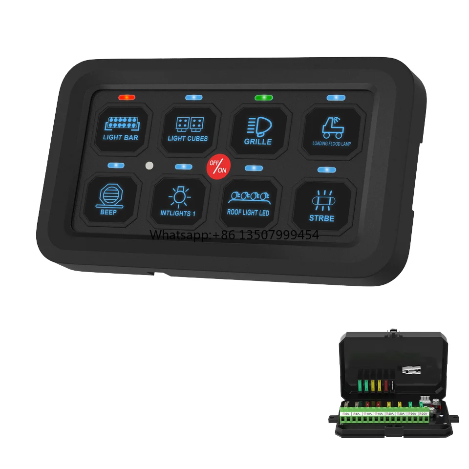 

IP65 Waterproof 8 Gang 12v Car Switch Panel With Electronic Relay System Green LED Circuit Control Box