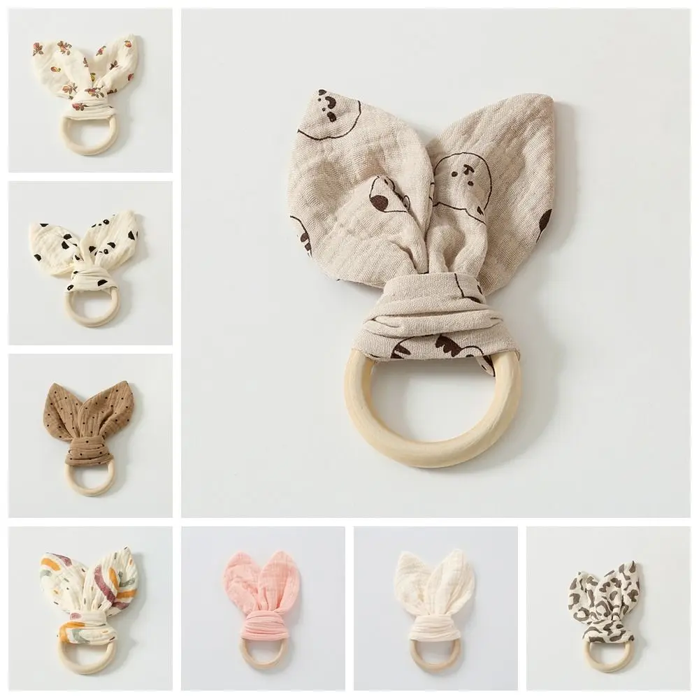 Мягкое детское деревянное кольцо для рук, натуральное деревянное сенсорное кольцо для прорезывания зубов новорожденных, браслет-погремушка с кроличьими ушками, жевательная успокаивающая младенца