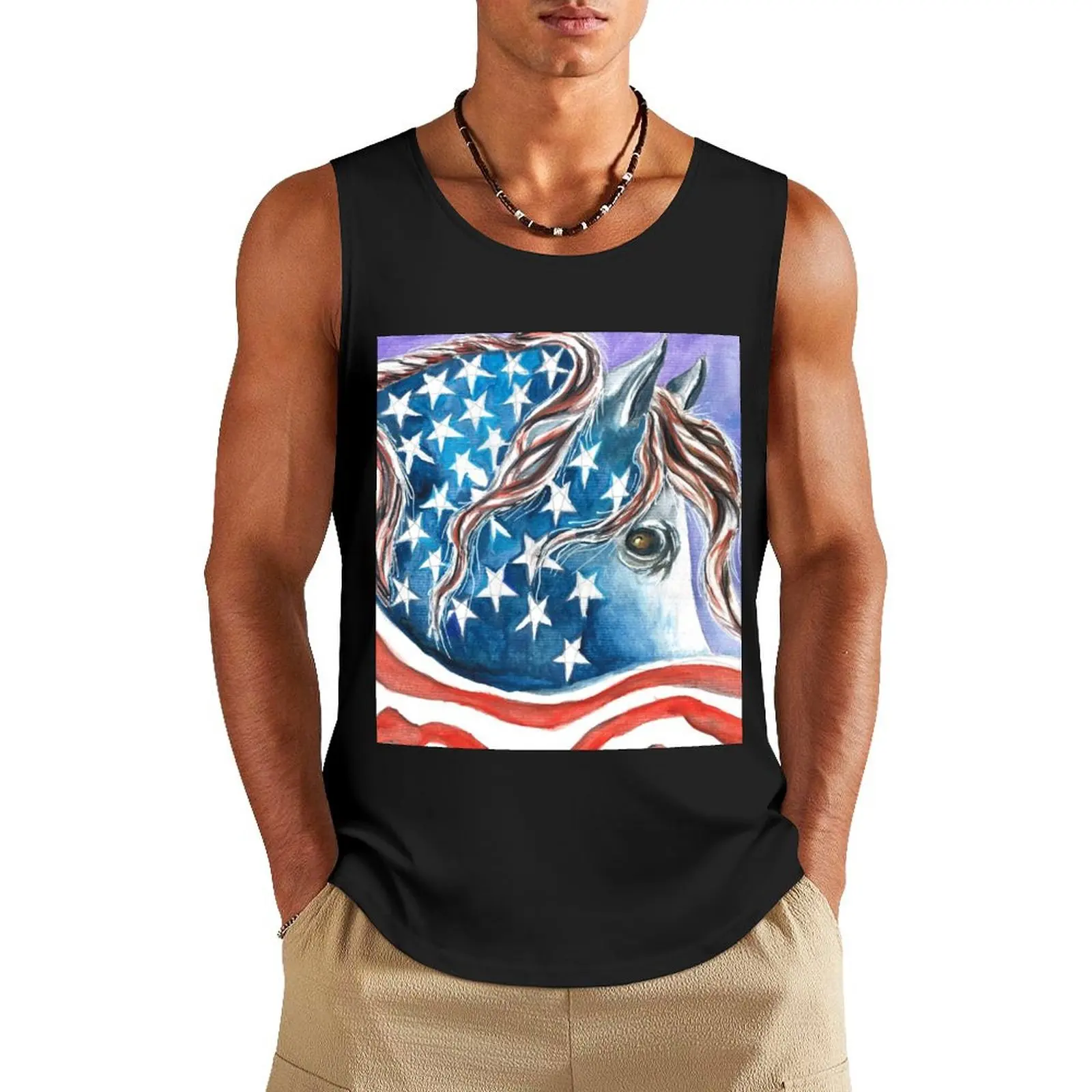 

Patriotic Horse with American Flag Tank Top Men's t shirt Man sleeveless shirt