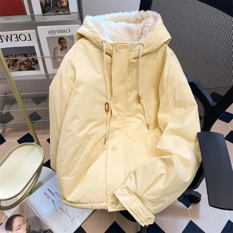 

Желтые зимние толстые парки женские с длинным рукавом на молнии на шнуровке повседневные пышные пальто с капюшоном из искусственной шерсти теплые свободные милые куртки