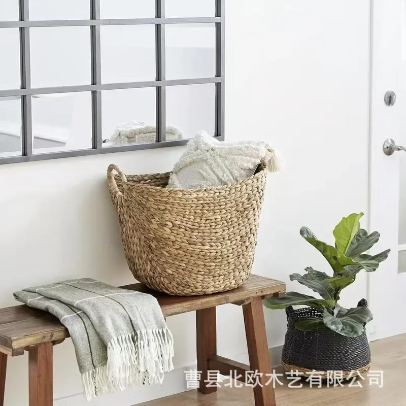 For Hand Woven Water Hyacinth Grass Storage Basket Large Capacity Portable Book Toy Dirty Clothes Bin Organizer for Home