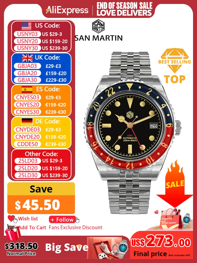 San Martin NH34 40mm GMT Luxury Sports Style Full Luminous Bidirectional Sapphire Bezel Automatic Mechanical Watch 20 Bar SN0005