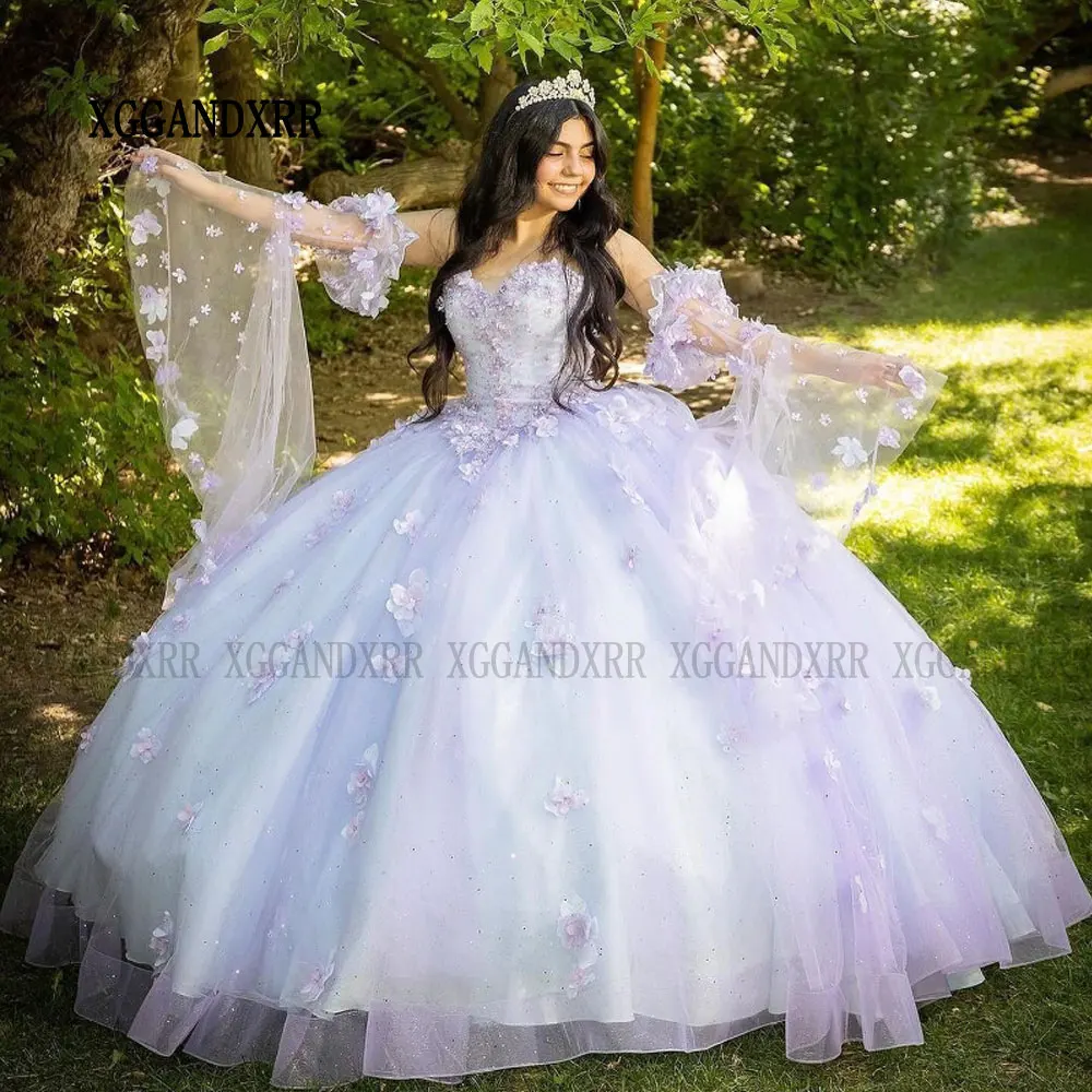 Elegant Sweetheart Ball Gown Quinceanera Dresses with Detachable Puffy Sleeves 3D Floral Appliques Flower Sweet 16 Dress 15 Anos