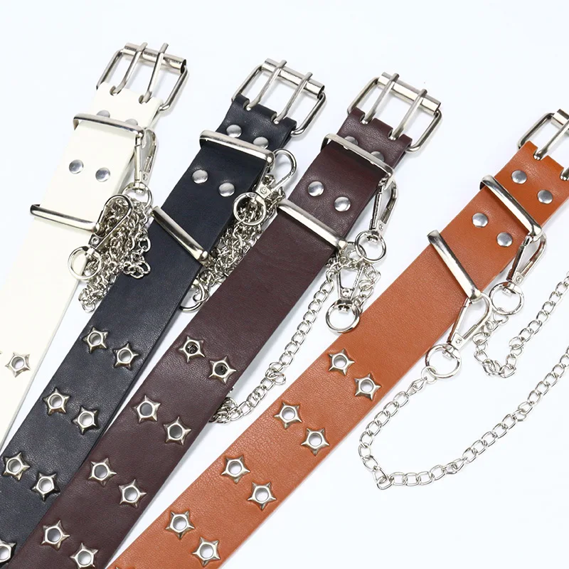 Fashion Europe and The United States Full Hole Belt Female Hip-hop Punk Trend Double Row Cool Belt Chain Decoration Wide Male