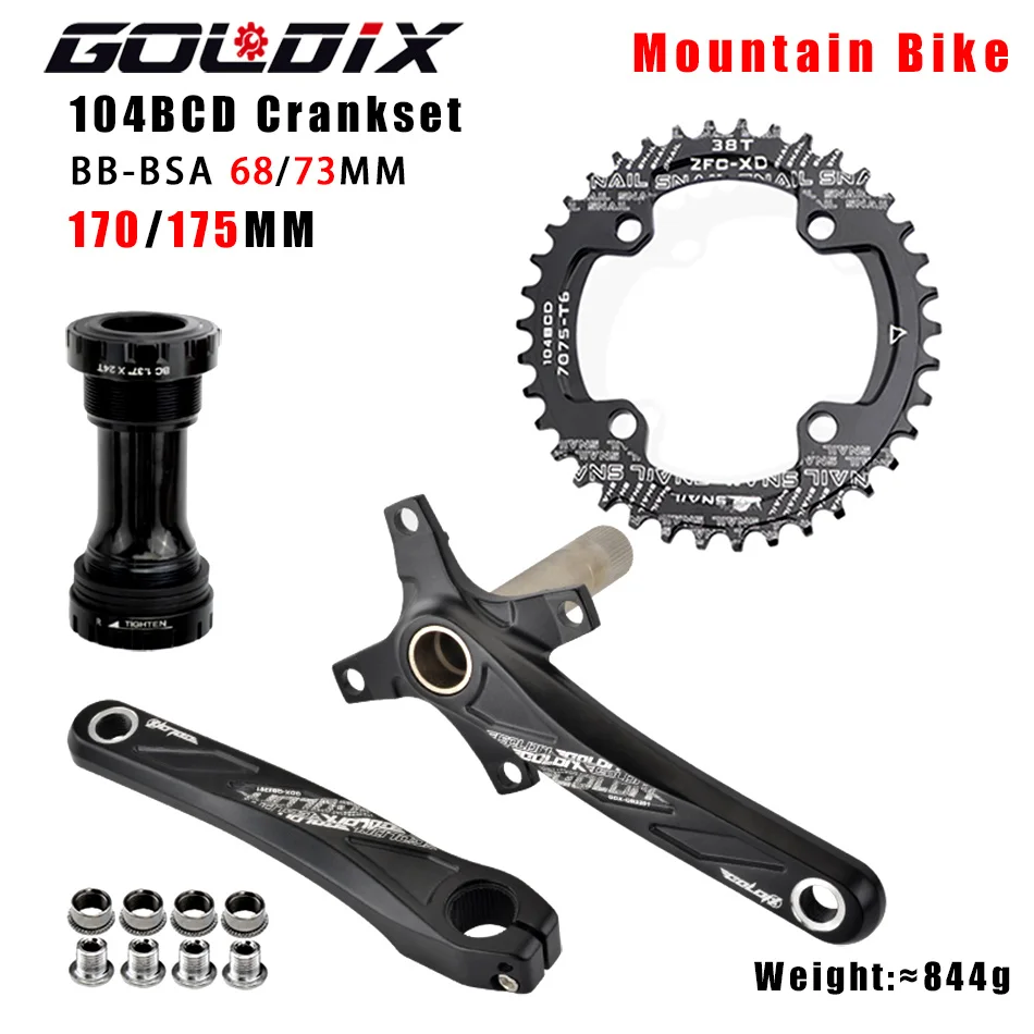 GOLDIX Korba rowerowa 104BCD MTB Korba rowerowa ze stopu aluminium z dolną korbą 170 mm Czarna płyta 32T 34T 36T 38T