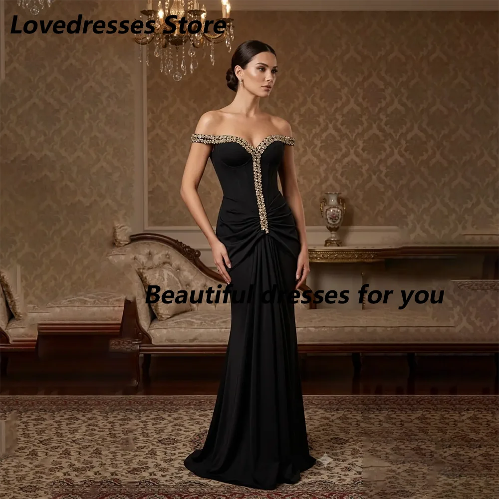 Sexy Black Evening Dress Off Shoulder Crystal Corset Bodice Draped Floor Length Prom Gown Elegant Wedding Party Dress Customized