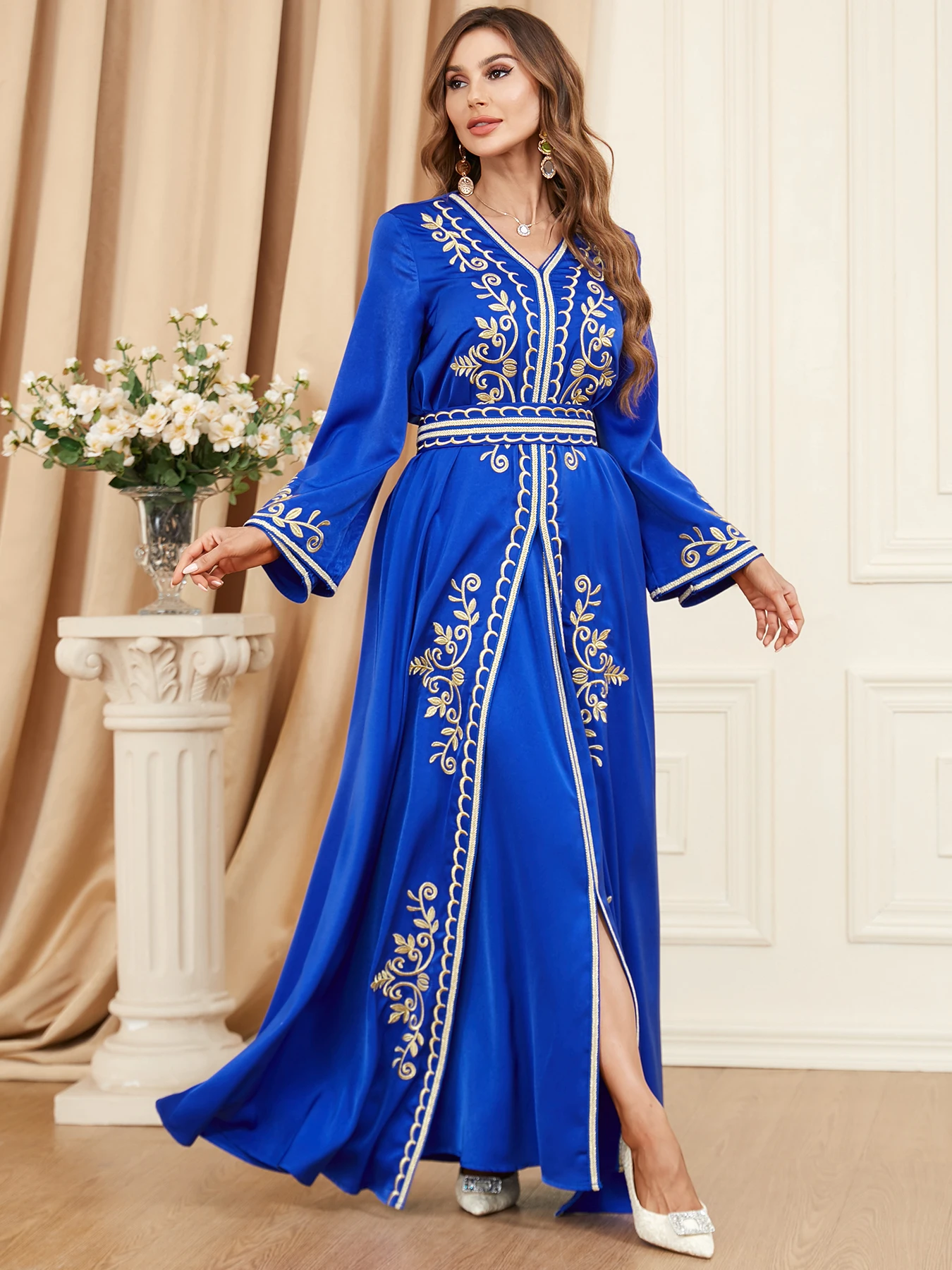 Autumn Muslim Abaya for Women Maxi Dress A-line Dresses Lace-up Morocco Kaftan Dubai Robe Party Dress 2 Piece Set Saudi Arab