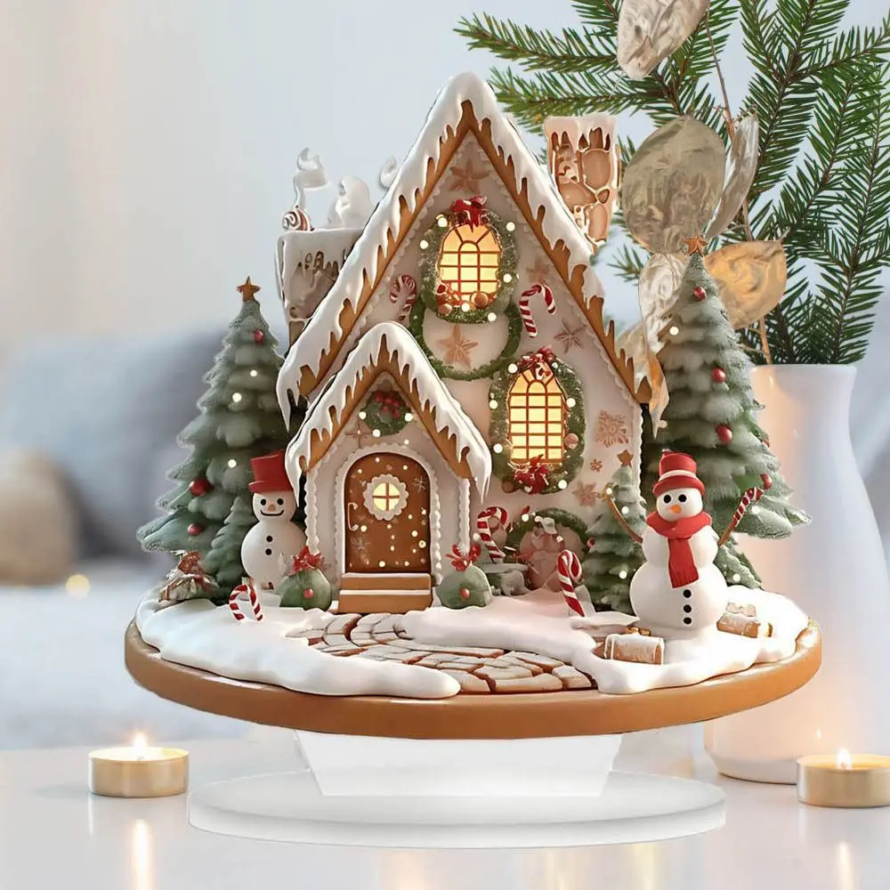 

2D Christmas Snow House Statue Acrylic Cartoon Xmas Magic House Figurine Wear Resistant Decorative Castle Snow House Desktop