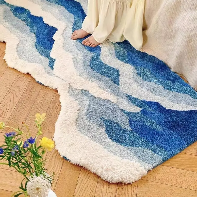 

Wave Shape Furry Bedroom Rug Soft Fluffy Area Rug Non Slip Bathroom Rugs Cute Children's Room Bathroom Mats Bath Mats Home Decor