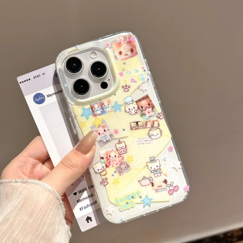 

Cute cartoon Star Hello Kitty Cat Bear Bling Glitter Phone Case For iPhone 13 14 15 16 Pro Max Lovely shockproof Back Cover