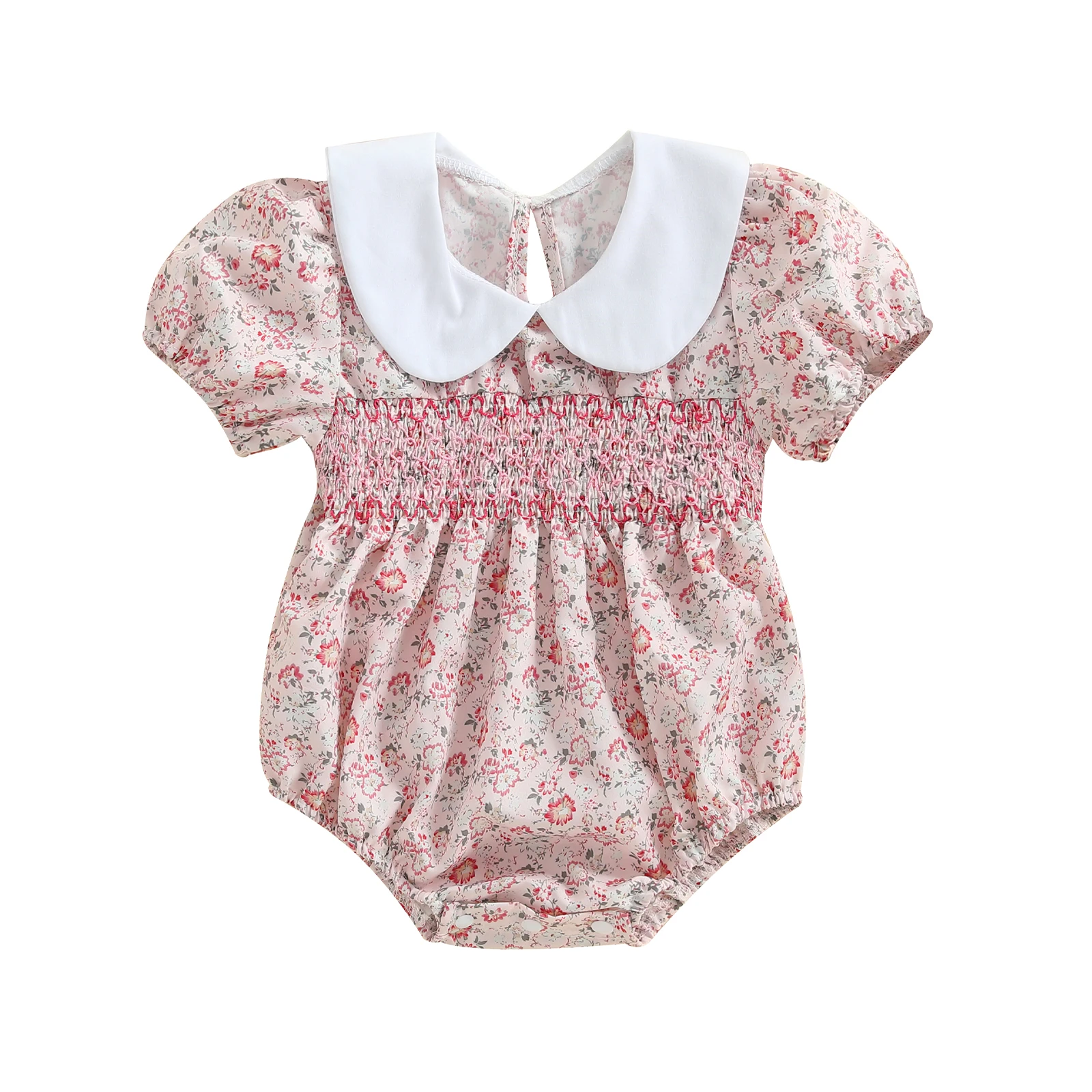 Summer Floral Baby Girl Romper Peter Pan Collar Puff Sleeve Smocked Infant Onesie With Crotch Snaps 0-24 Months