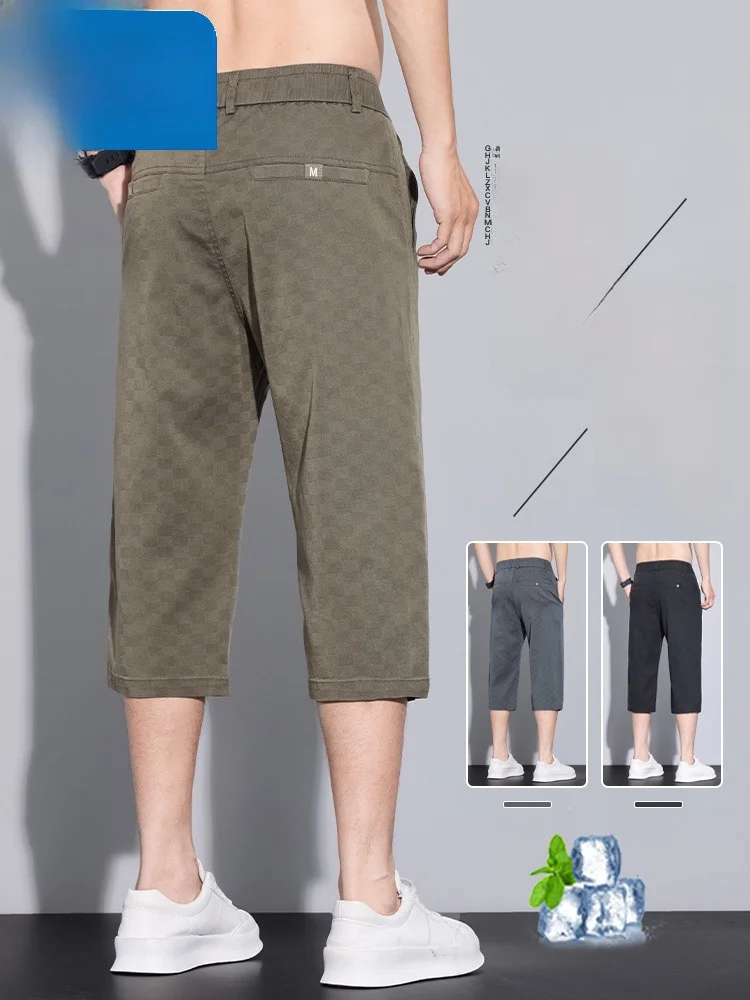 

Waed Denim Pants Men's Korean Plaid 7/8 Length Summer Lightweight orts Straight Leg Button Closure Casual Trousers