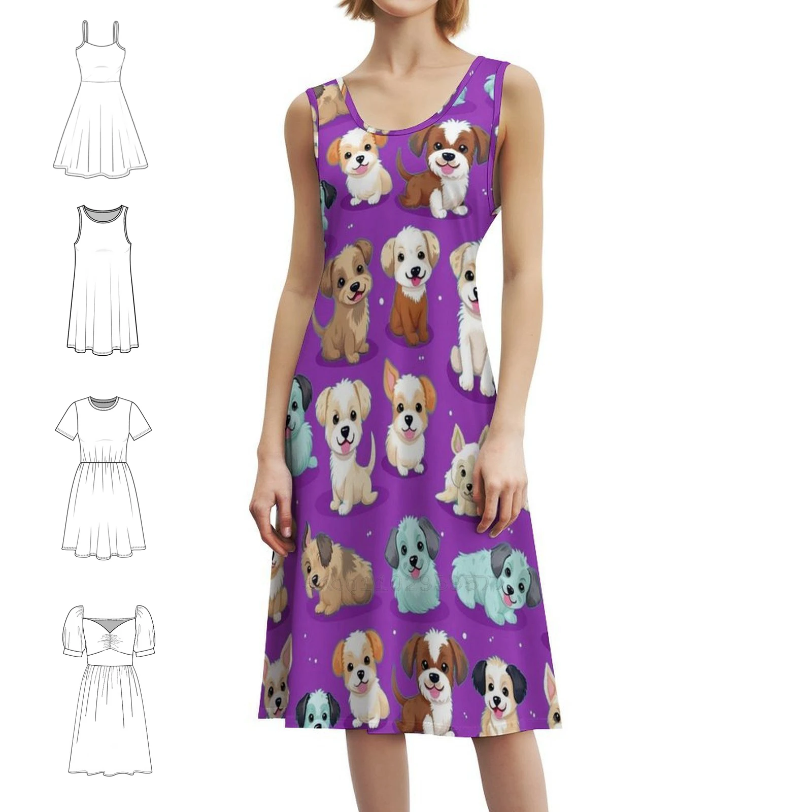 الجراء اللطيفة (الخلفية الأرجوانية) فستان الهيب هوب النسائي ملابس الشارع الشهير جرافيك طباعة ملابس الحفلات والنوادي الجراء الكلاب نمط لطيف