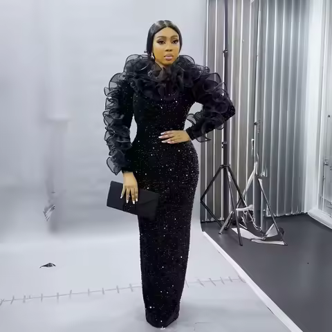 Fashion sequins Women's evening dress elasticity african dresses for woman luxury turkey woman dresses