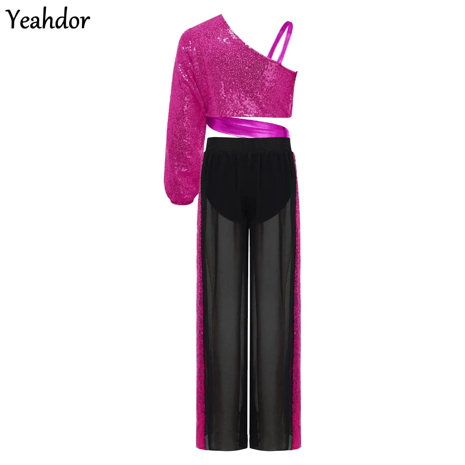 

Girls Sparkly Sequin Ballet Lyrical Dance Outfit One Shoulder Long Sleeve Crop Top And Chiffon Wide-Leg Pants Jazz Dance Costume