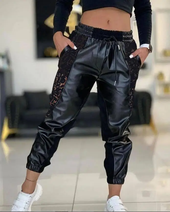 

Black New Fashionable Casual Contrasting Pu Material Pants with Lace Patchwork Drawstring Elastic Waistband Cuffed Long Pants