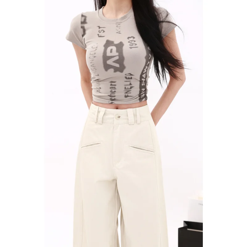 Beige Womens Solid High Waist Straight Y2K Work Pants Black Suit Pant Europe and America Fashion Leisure Female Wide Leg Trouser