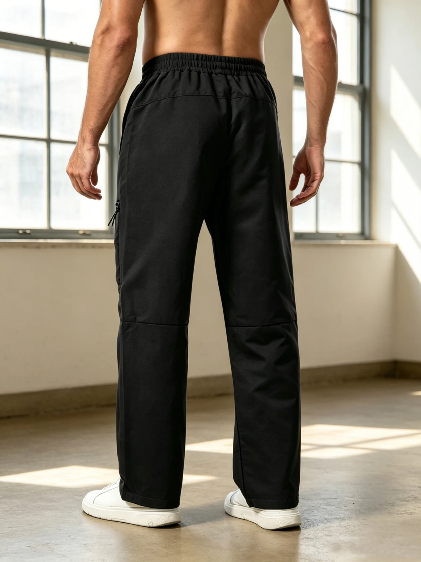 Men's Straight-leg Casual Sweatpants, American Minimalist Style, Elastic Drawstring Waist with Dual Zipper Cargo Pockets, Draped