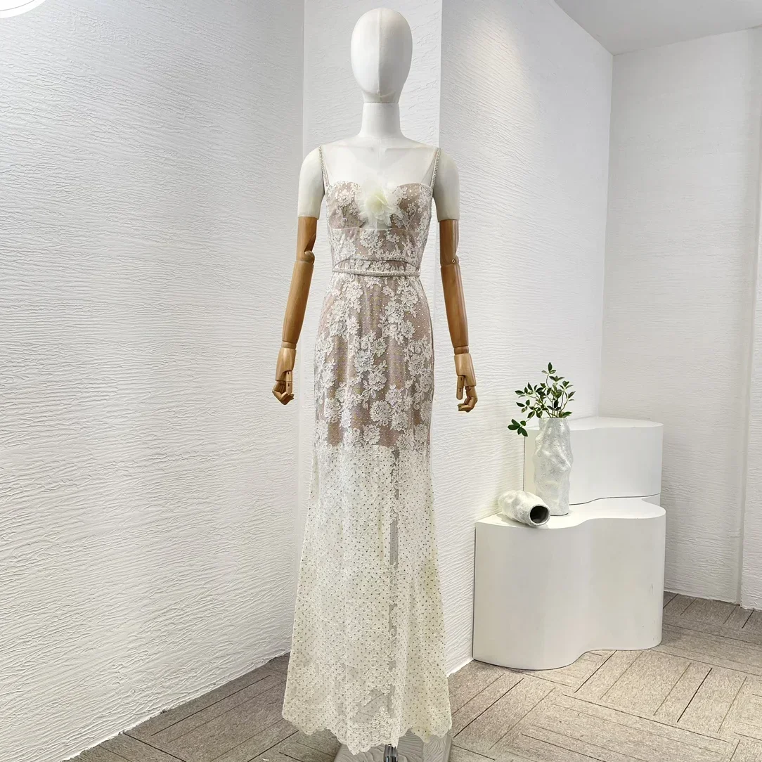 Diamonds Women New Autumn Top Quality 2024 White Lace Patchwork Sleeveless 3D Flower Decoration Lady Camisole Mermaid Maxi Dress