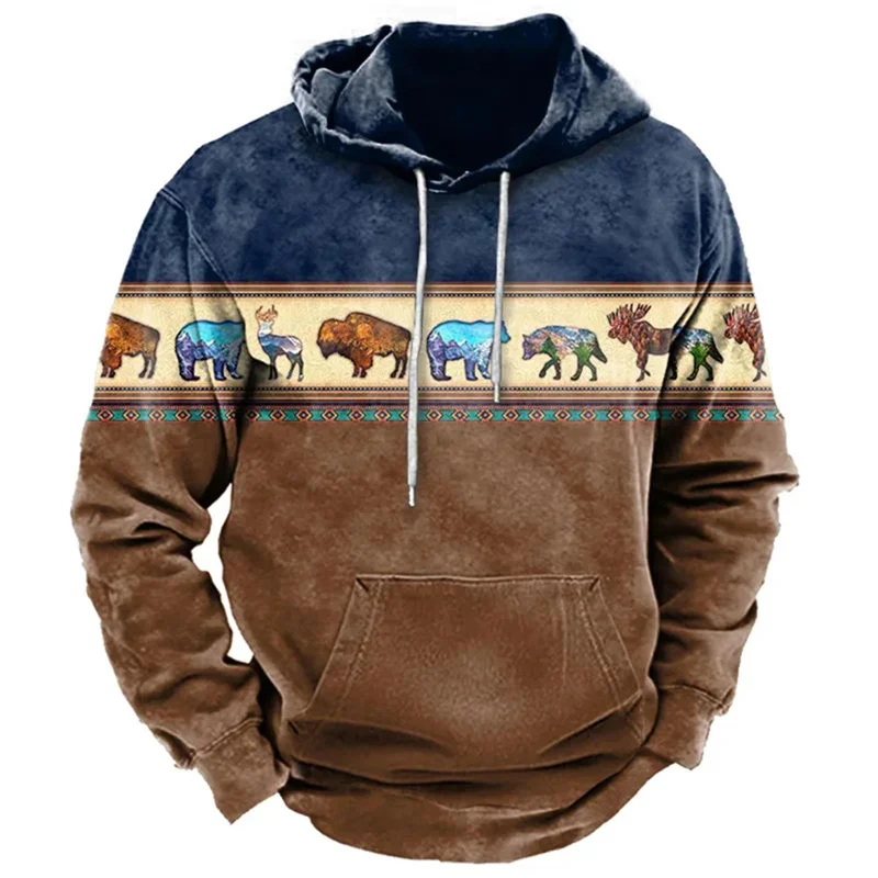 Vintage Indian Print Men\'s Hoodie 2024 Casual Men Clothing Long-sleeve Hooded Sweatshirts Oversized Unisex Pullovers Hoodies