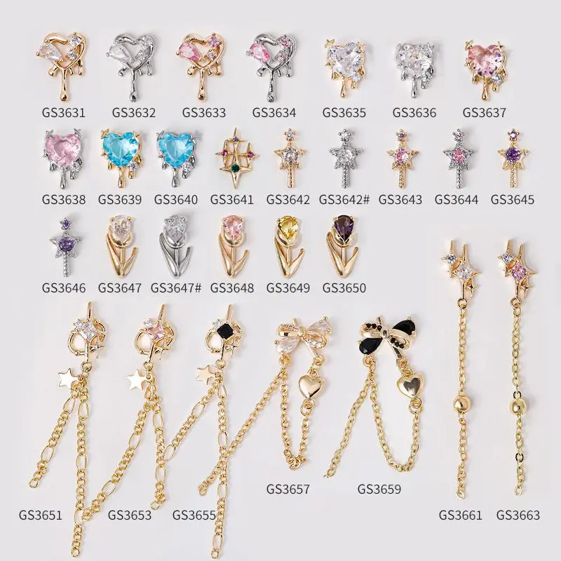 10pcs/lot Kawaii Love Heart Tulip Star Chain Nail Art Part Zircon Crystals Manicure Nails Accesorios Supplies Decorations Charms